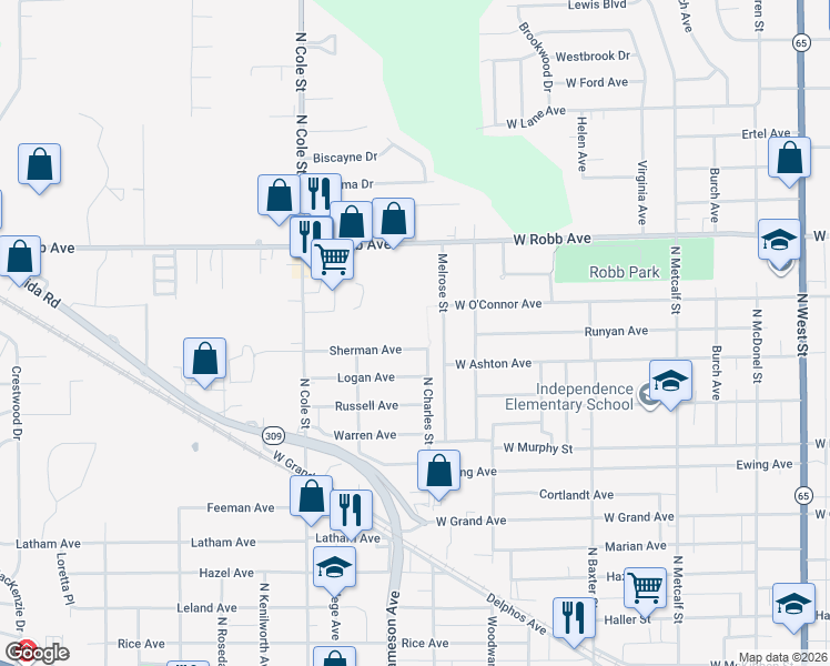 map of restaurants, bars, coffee shops, grocery stores, and more near 1225 Melrose St in Lima