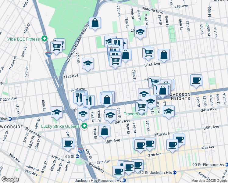 map of restaurants, bars, coffee shops, grocery stores, and more near 32-24 75th Street in Queens