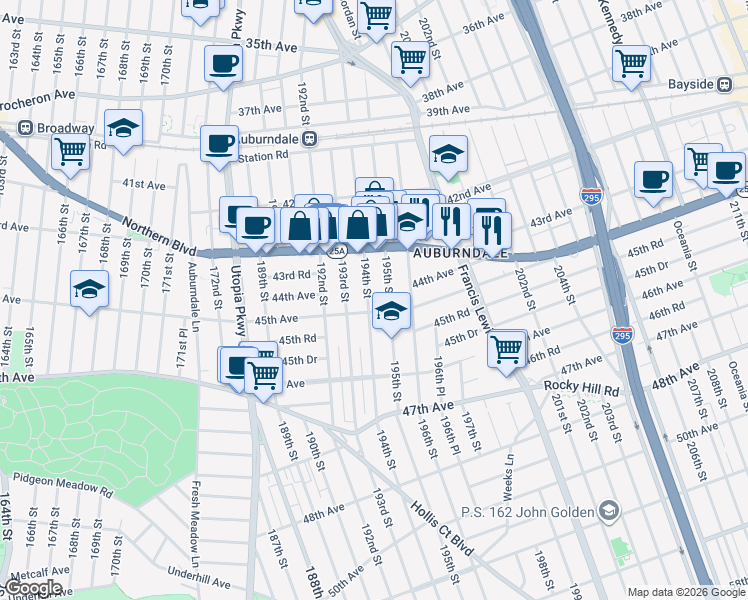 map of restaurants, bars, coffee shops, grocery stores, and more near 43-48 195th Street in Queens