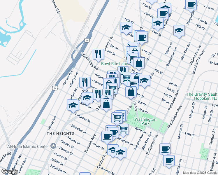 map of restaurants, bars, coffee shops, grocery stores, and more near 96 Leonard Street in Jersey City