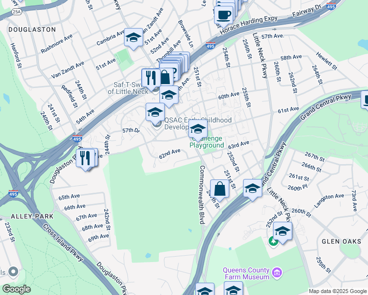 map of restaurants, bars, coffee shops, grocery stores, and more near 61-16 Marathon Parkway in Queens