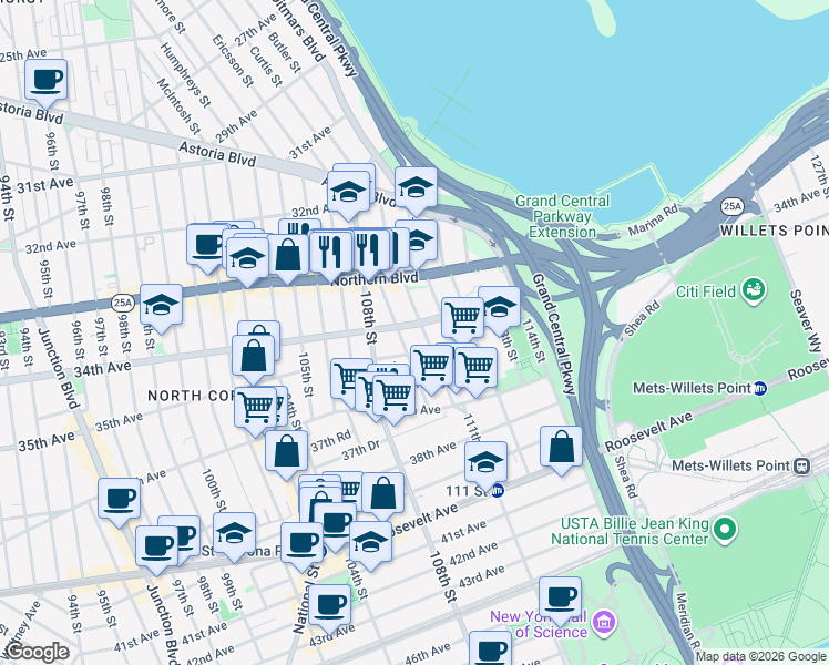map of restaurants, bars, coffee shops, grocery stores, and more near 109-16 34th Avenue in Queens