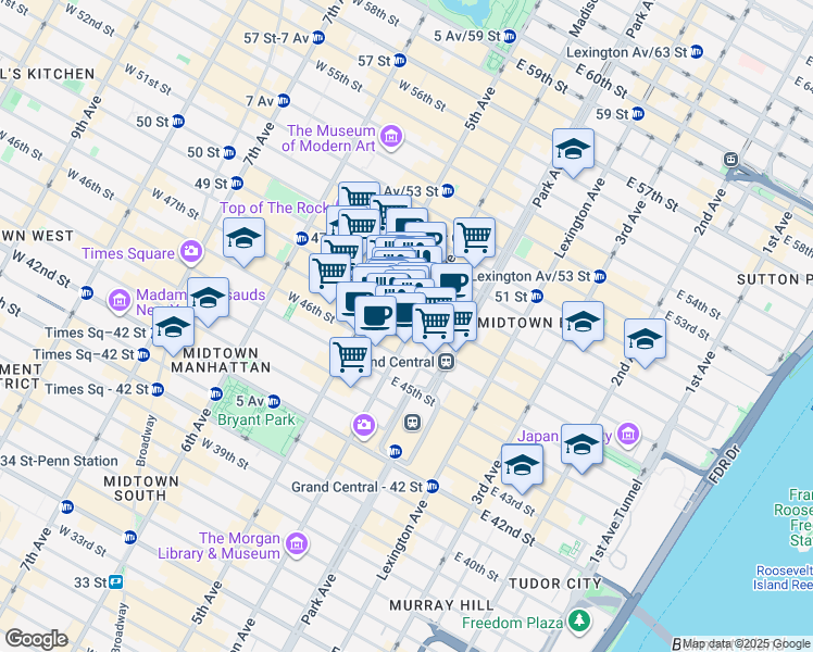map of restaurants, bars, coffee shops, grocery stores, and more near 400 Madison Avenue in New York