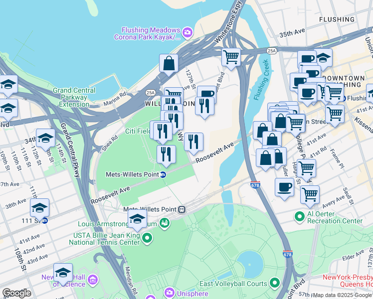 map of restaurants, bars, coffee shops, grocery stores, and more near 32 126th Street in Queens