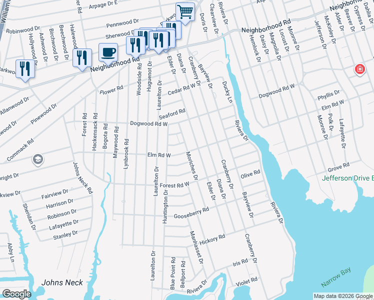 map of restaurants, bars, coffee shops, grocery stores, and more near 8 Quogue Road in Mastic Beach