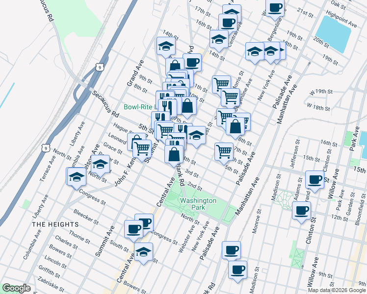 map of restaurants, bars, coffee shops, grocery stores, and more near 503 Central Avenue in Union City