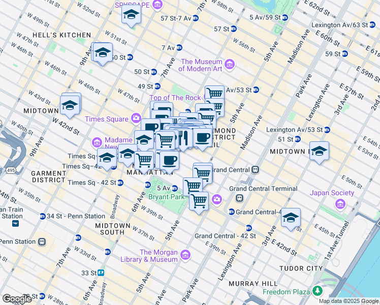 map of restaurants, bars, coffee shops, grocery stores, and more near 55 West 45th Street in New York