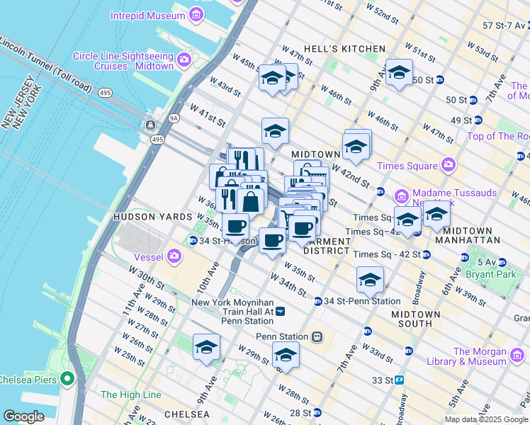 map of restaurants, bars, coffee shops, grocery stores, and more near 438 West 38th Street in New York