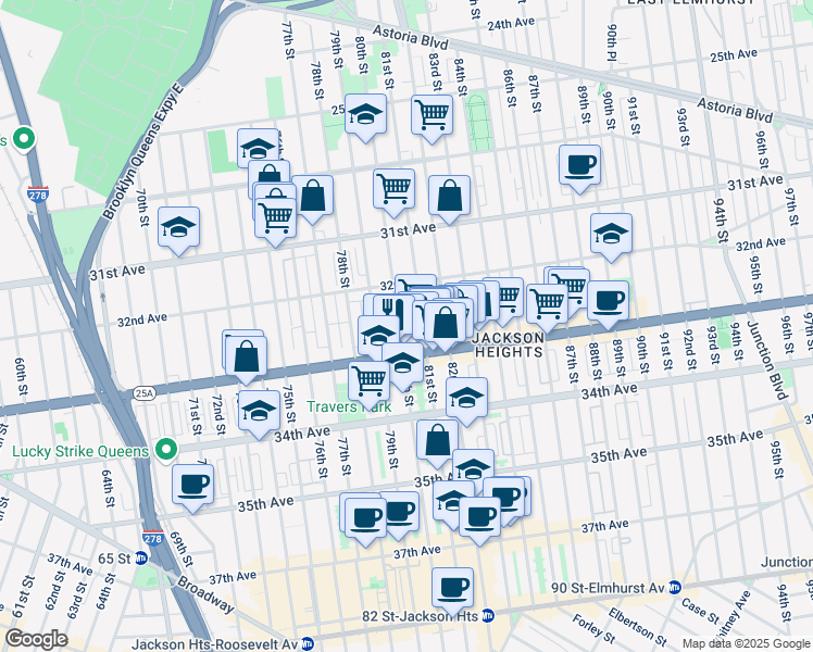 map of restaurants, bars, coffee shops, grocery stores, and more near 32-35 80th Street in Queens