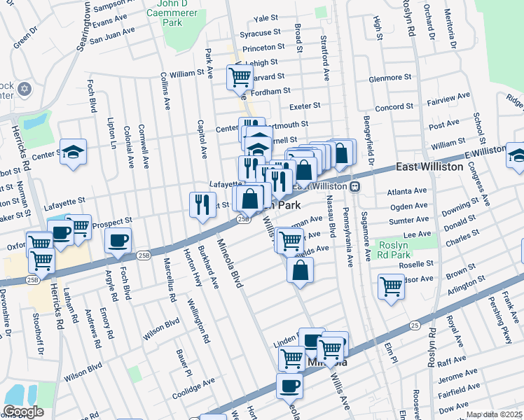 map of restaurants, bars, coffee shops, grocery stores, and more near Hillside Avenue & Willis Ave in Williston Park