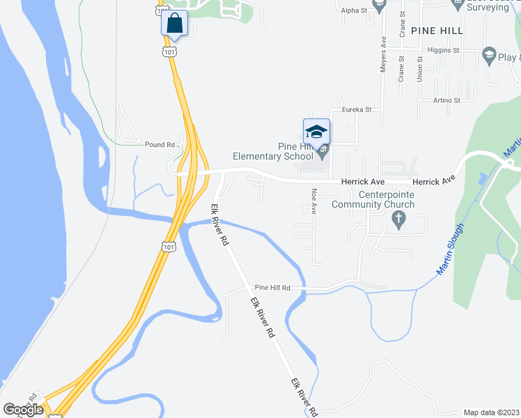 map of restaurants, bars, coffee shops, grocery stores, and more near 5395 Bay Pointe Court in Eureka