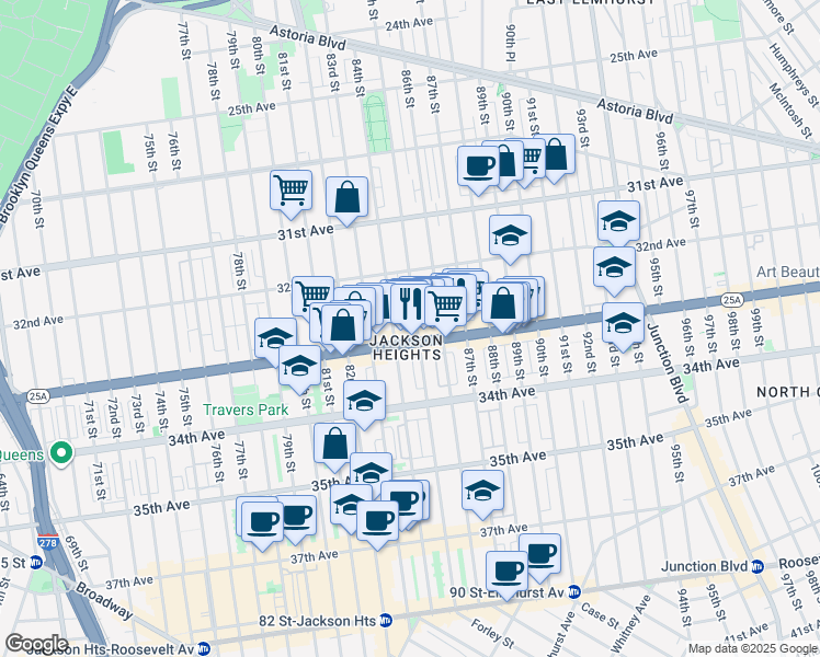 map of restaurants, bars, coffee shops, grocery stores, and more near 32-51 85th Street in Queens
