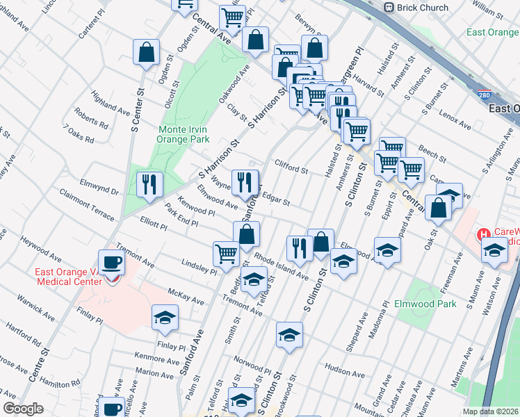 map of restaurants, bars, coffee shops, grocery stores, and more near 150 Sanford Street in East Orange
