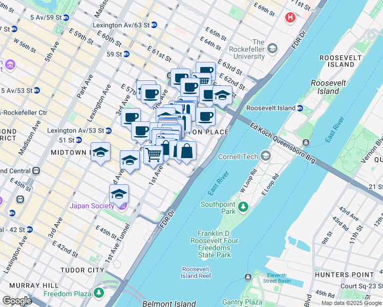map of restaurants, bars, coffee shops, grocery stores, and more near 435 East 55th Street in New York