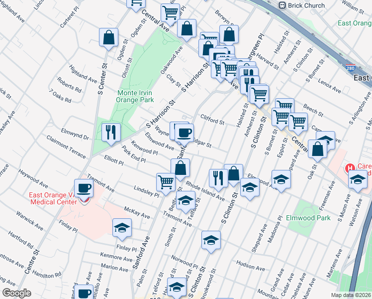 map of restaurants, bars, coffee shops, grocery stores, and more near 150 Sanford Street in East Orange