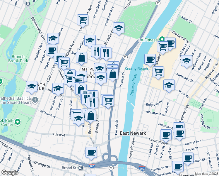 map of restaurants, bars, coffee shops, grocery stores, and more near 1405 McCarter Highway in Newark