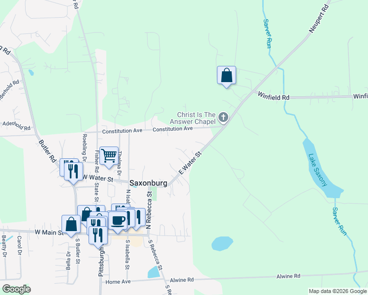 map of restaurants, bars, coffee shops, grocery stores, and more near 154 East Water Street in Saxonburg