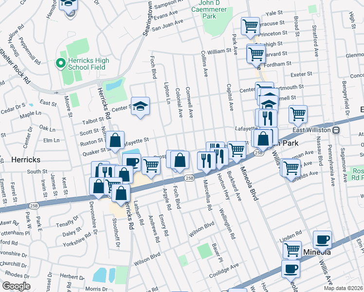 map of restaurants, bars, coffee shops, grocery stores, and more near 642 Concord Avenue in Williston Park