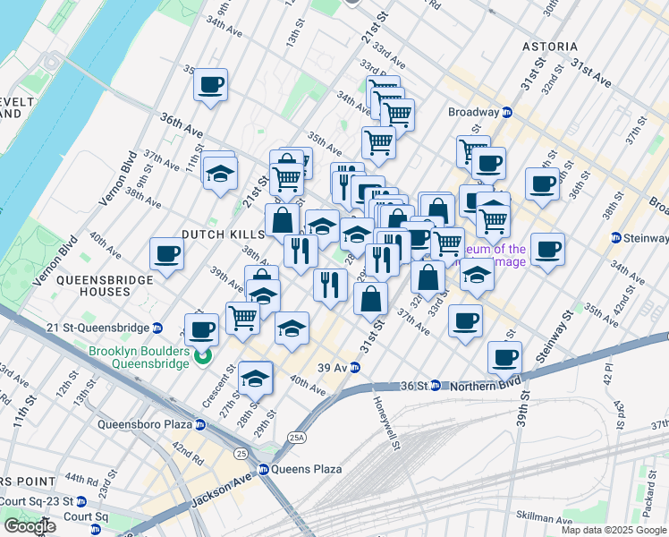 map of restaurants, bars, coffee shops, grocery stores, and more near 27-10 37th Avenue in Queens