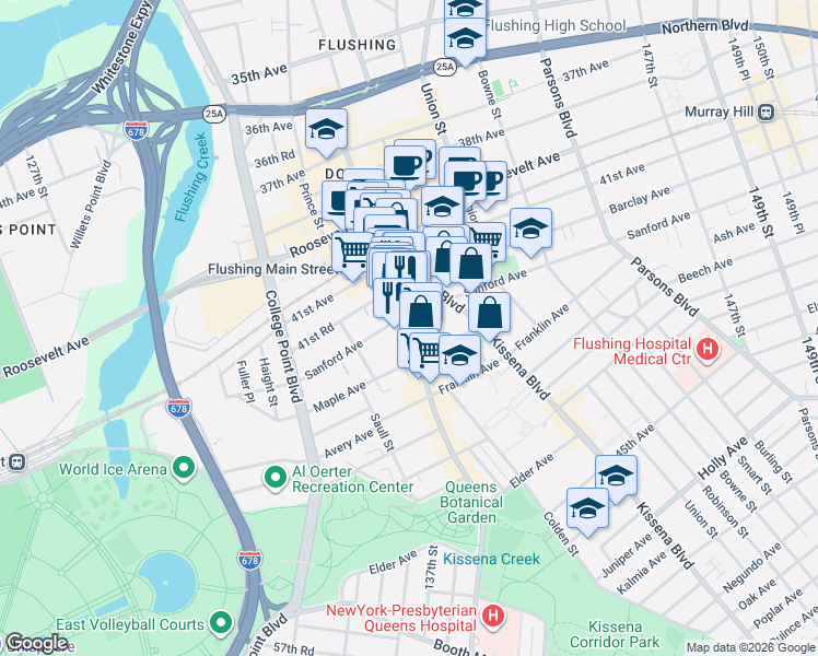 map of restaurants, bars, coffee shops, grocery stores, and more near 41-65 Main Street in Queens
