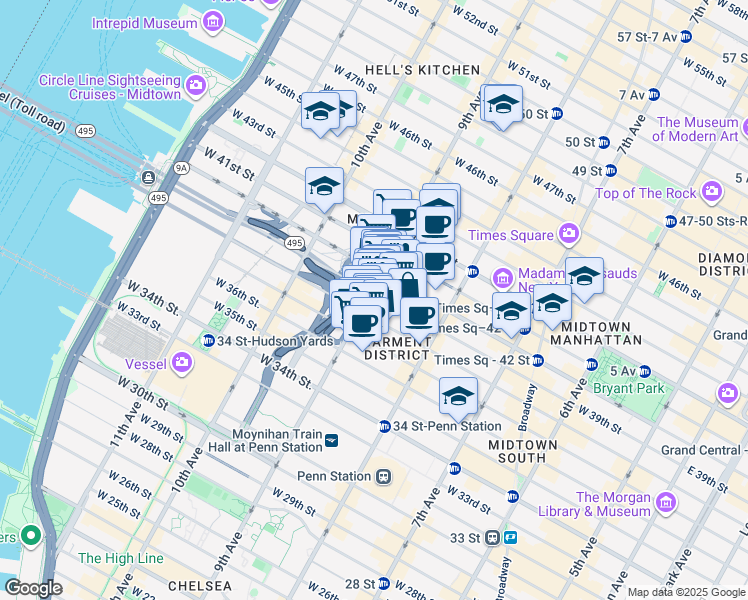 map of restaurants, bars, coffee shops, grocery stores, and more near 510 9th Avenue in New York