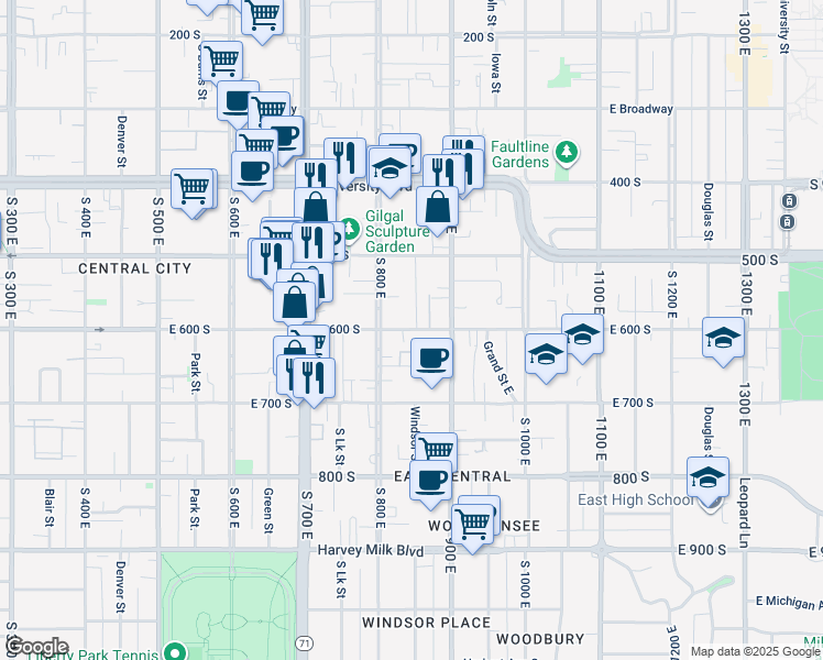 map of restaurants, bars, coffee shops, grocery stores, and more near 833 East 600 South in Salt Lake City