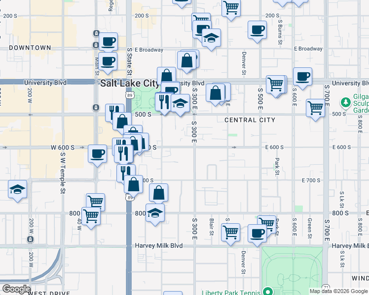 map of restaurants, bars, coffee shops, grocery stores, and more near in Salt Lake City