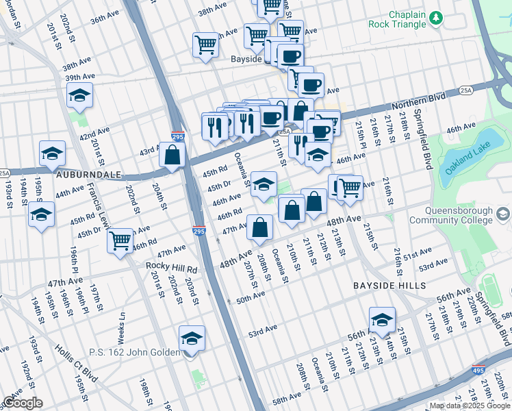 map of restaurants, bars, coffee shops, grocery stores, and more near 46-16 Oceania Street in Queens