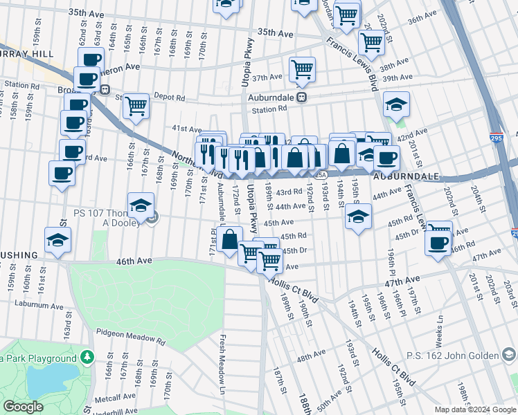 map of restaurants, bars, coffee shops, grocery stores, and more near 43-45 Utopia Parkway in Queens