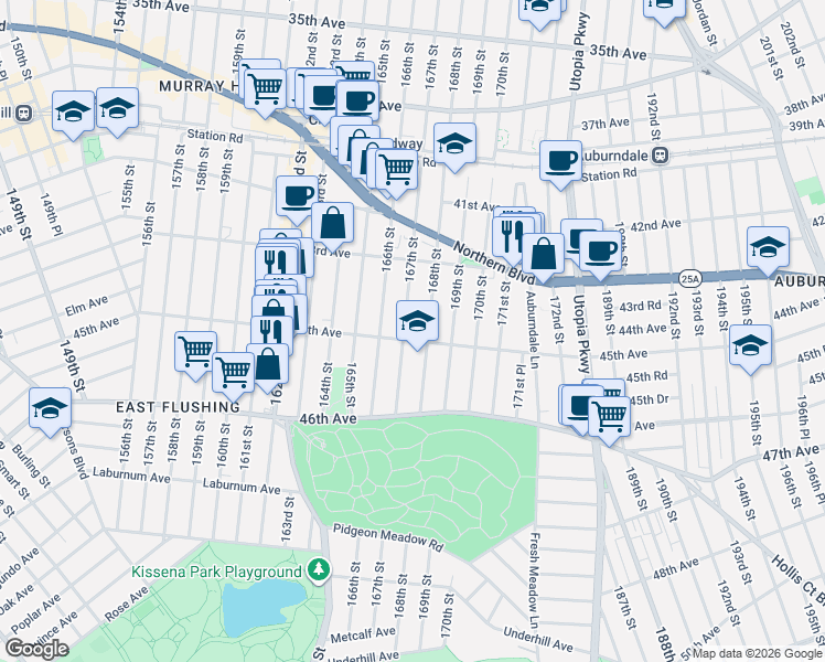 map of restaurants, bars, coffee shops, grocery stores, and more near 43-66 167th Street in Queens