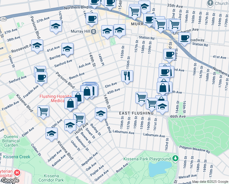map of restaurants, bars, coffee shops, grocery stores, and more near 149-31 45th Avenue in Queens