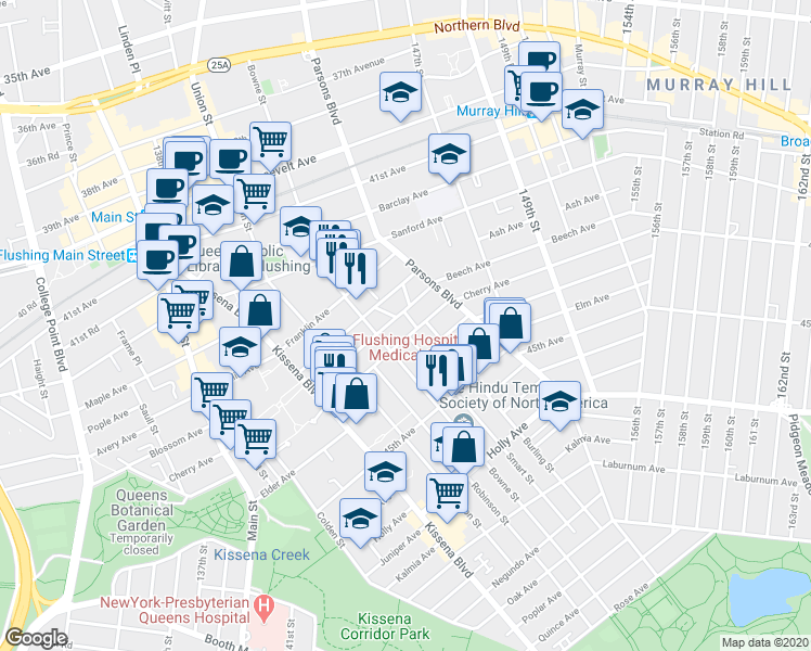 map of restaurants, bars, coffee shops, grocery stores, and more near 42-69 Phlox Place in Queens