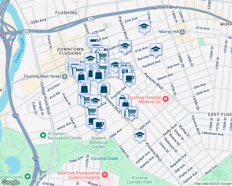 map of restaurants, bars, coffee shops, grocery stores, and more near in Queens