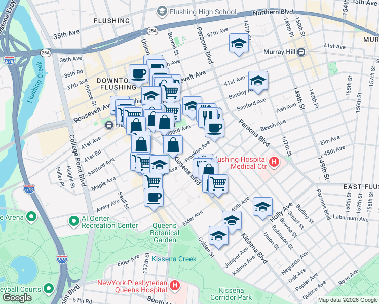 map of restaurants, bars, coffee shops, grocery stores, and more near in Queens