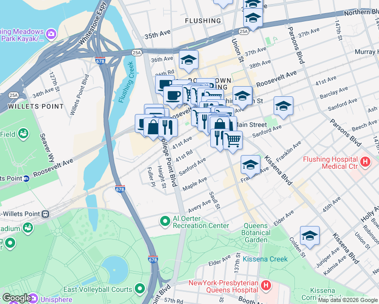map of restaurants, bars, coffee shops, grocery stores, and more near 13261 41st Road in Queens