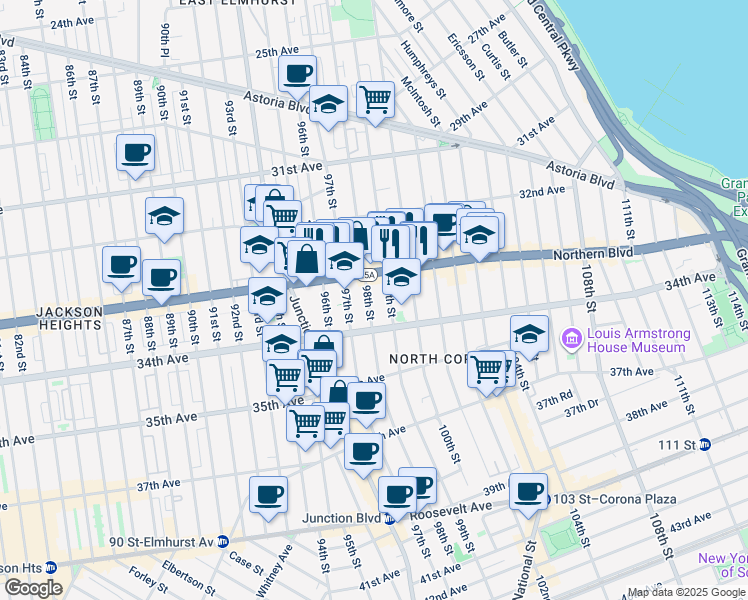 map of restaurants, bars, coffee shops, grocery stores, and more near 33-18 98th Street in Queens