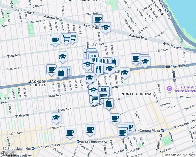 map of restaurants, bars, coffee shops, grocery stores, and more near in Queens