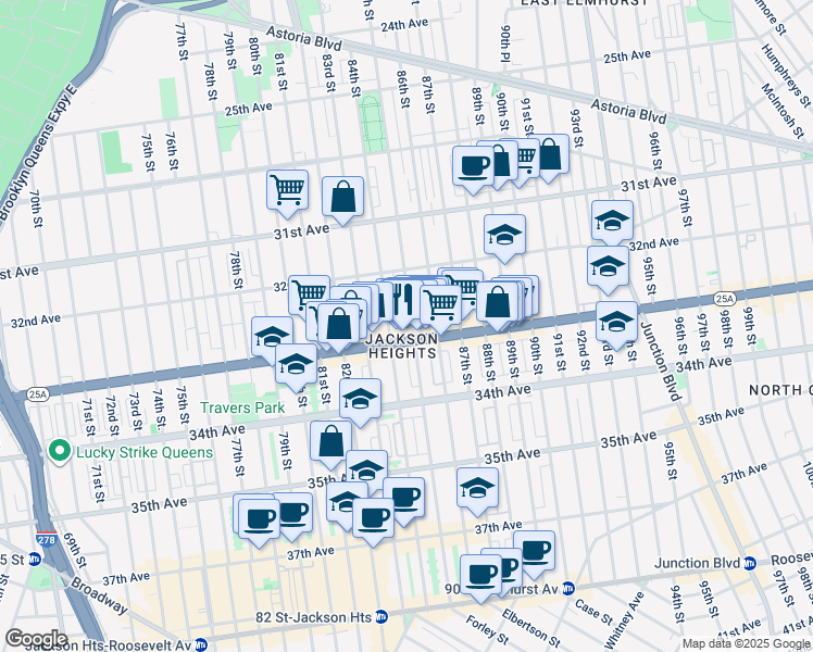 map of restaurants, bars, coffee shops, grocery stores, and more near 32-51 85th Street in Queens