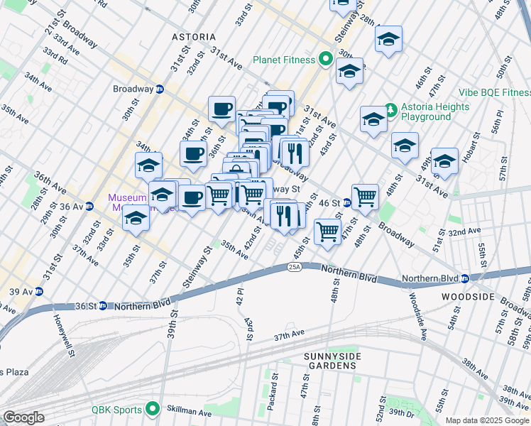 map of restaurants, bars, coffee shops, grocery stores, and more near 32-65 42nd Street in Queens
