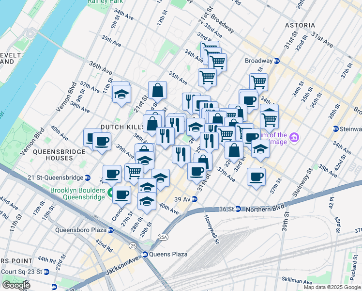 map of restaurants, bars, coffee shops, grocery stores, and more near 27-10 37th Avenue in Queens