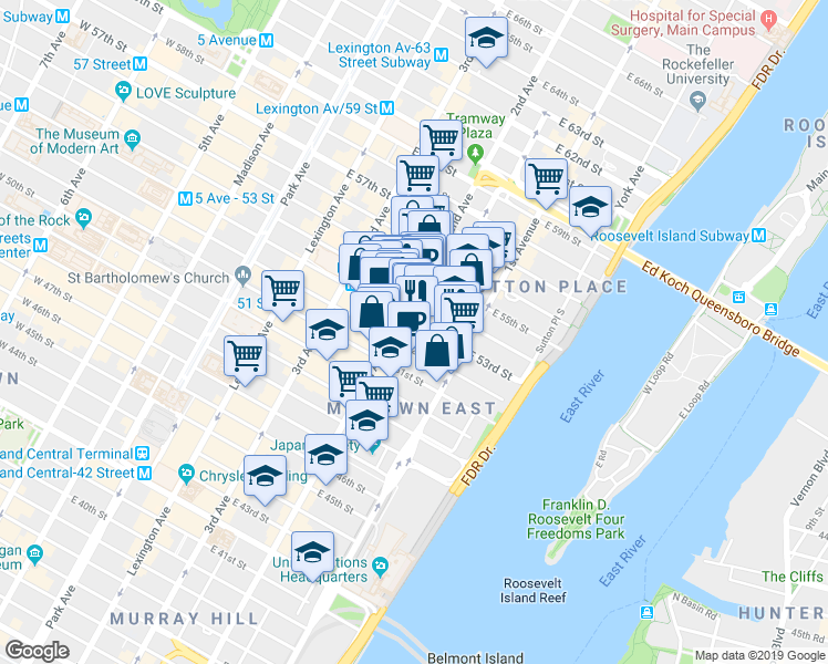 map of restaurants, bars, coffee shops, grocery stores, and more near 313 East 53rd Street in New York
