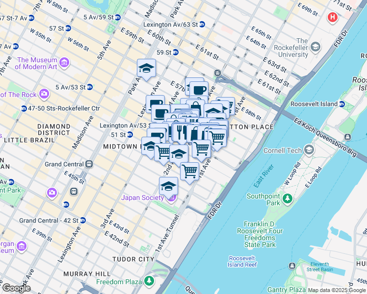 map of restaurants, bars, coffee shops, grocery stores, and more near 313 East 53rd Street in New York