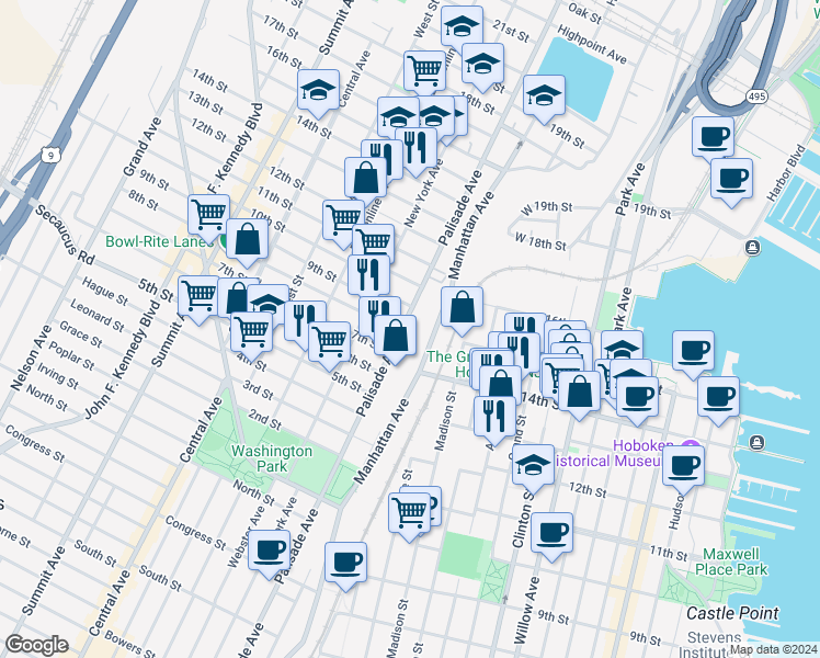 map of restaurants, bars, coffee shops, grocery stores, and more near 912 Palisade Avenue in Union City