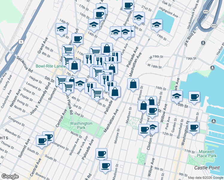 map of restaurants, bars, coffee shops, grocery stores, and more near 308 8th Street in Union City