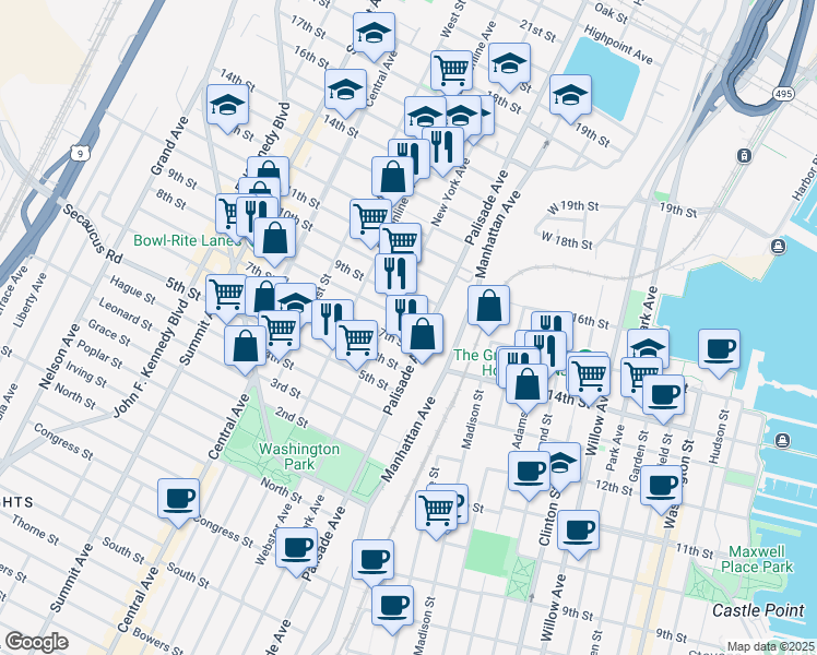 map of restaurants, bars, coffee shops, grocery stores, and more near 308 8th Street in Union City
