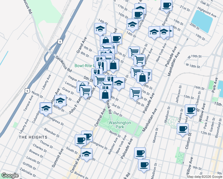 map of restaurants, bars, coffee shops, grocery stores, and more near 503 Central Avenue in Union City
