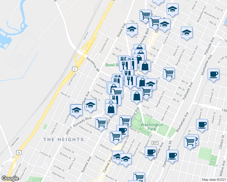 map of restaurants, bars, coffee shops, grocery stores, and more near 96 Leonard Street in Jersey City