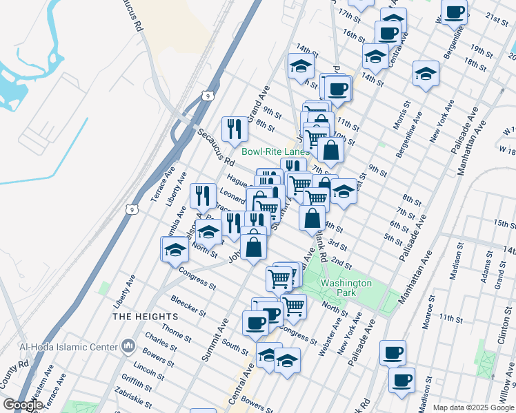 map of restaurants, bars, coffee shops, grocery stores, and more near 96 Leonard Street in Jersey City