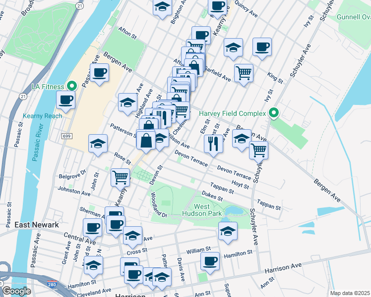 map of restaurants, bars, coffee shops, grocery stores, and more near 149 Wilson Avenue in Kearny