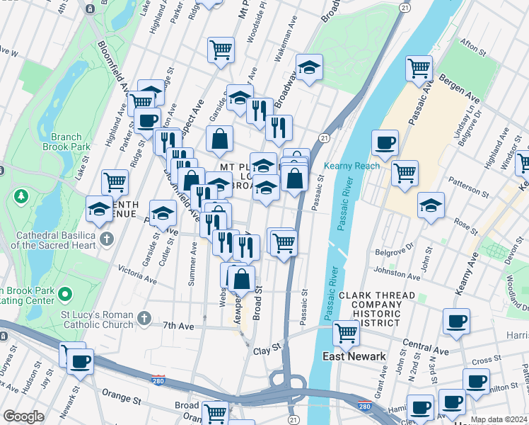 map of restaurants, bars, coffee shops, grocery stores, and more near 169 Broad Street in Newark